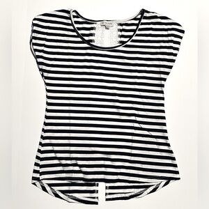 GUESS White & Navy Striped Lace Back Short Sleeve Top sz XS